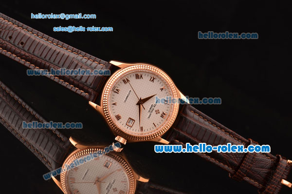 Patek Philippe Calatrava Swiss ETA 2824 Automatic Rose Gold Case with Brown Leather Strap and White Dial Roman Markers - Click Image to Close